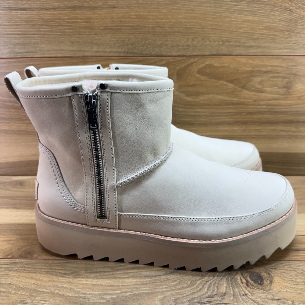 UGG Classic Rebel Biker Mini Boot Womens 12 Bone Leather Lug Platform Chunky Zip